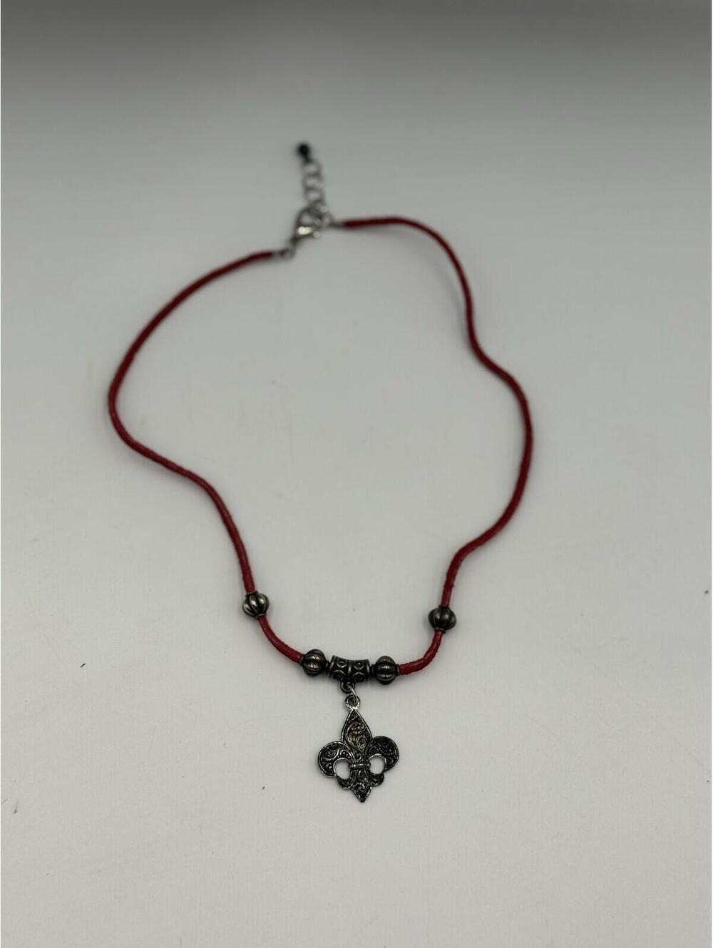 Y2K Red Choker Necklace w/ Silver Fleur De Lis Pendant